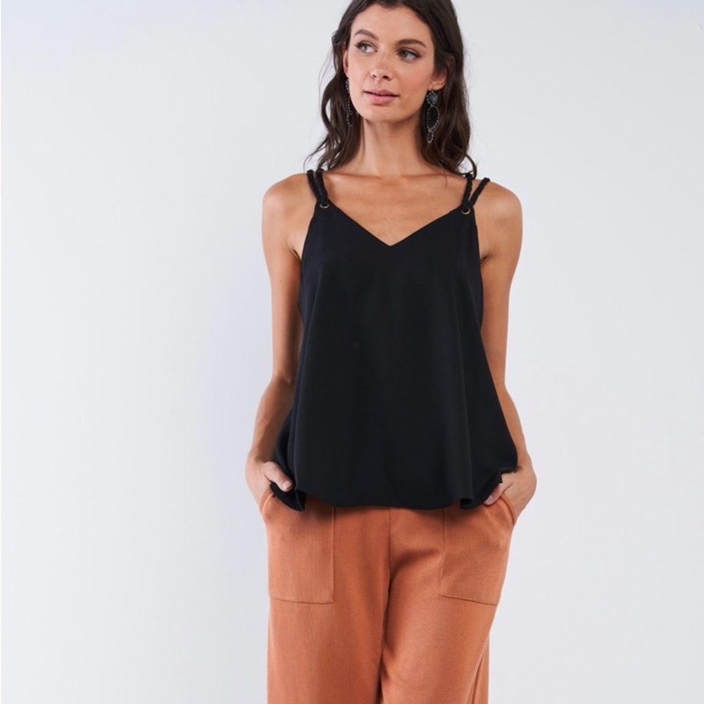 Solid Black Loose Fit Braided V-Neck Tassel Strap